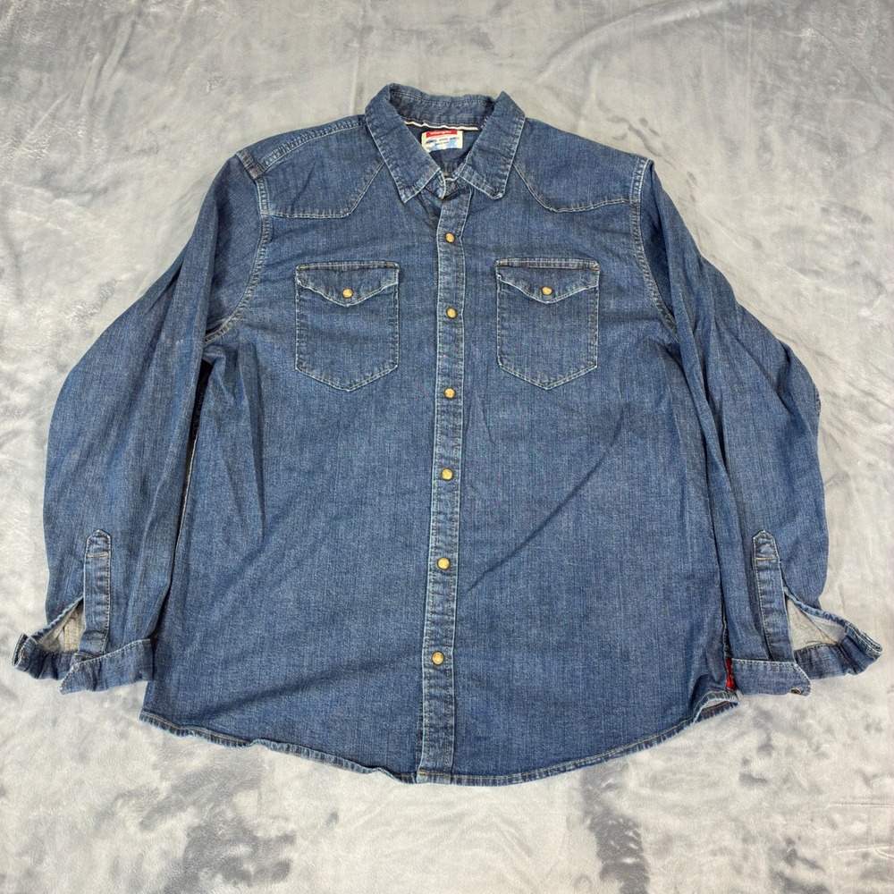 Wrangler Denim Snap Shirt Mens XL Blue Western Workwear Long Sleeve